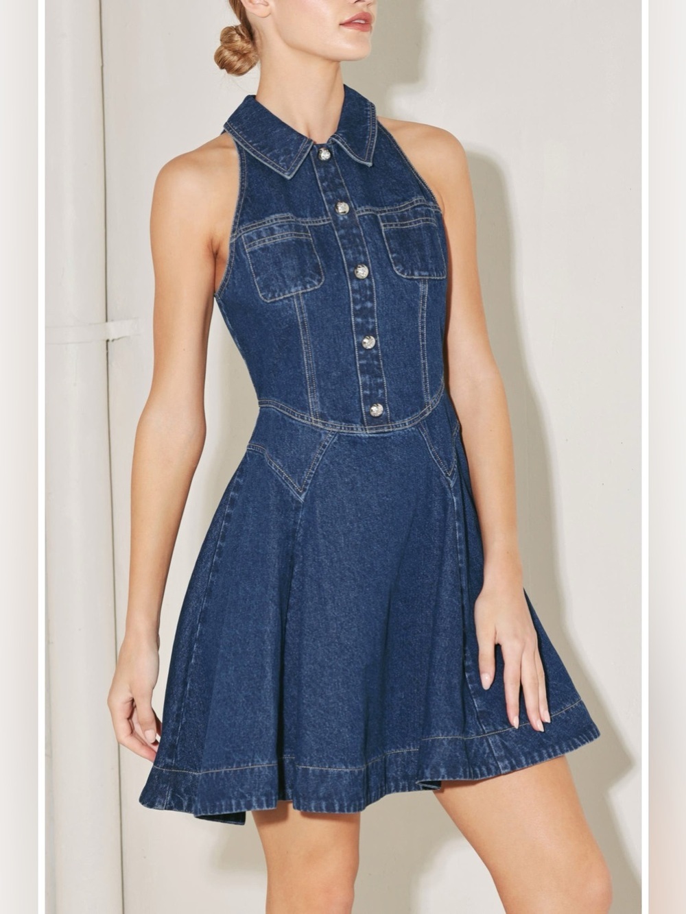 Flying Tomatoe Sleeveless Denim Fit-and-Flare Dress - Dark Blue Small